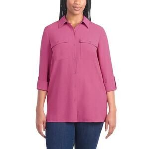 NWT Hilary Radley Women's Button Front Blouse, Large, Dark Pink. Lightweight